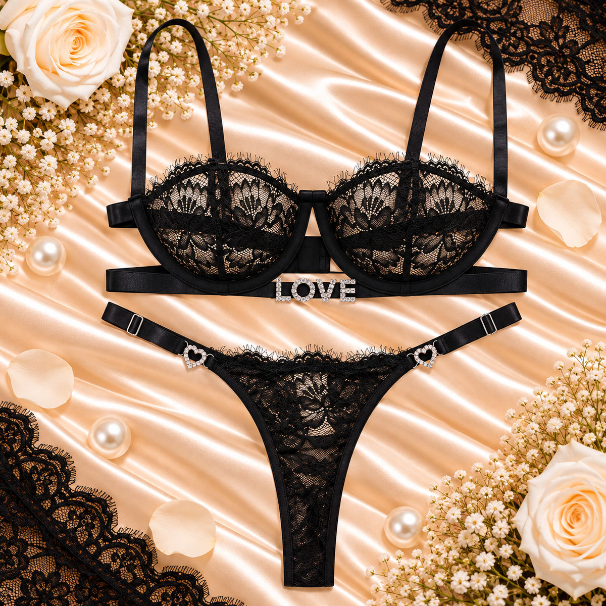 Shades of Black Lace Bra & Thong Lingerie Set