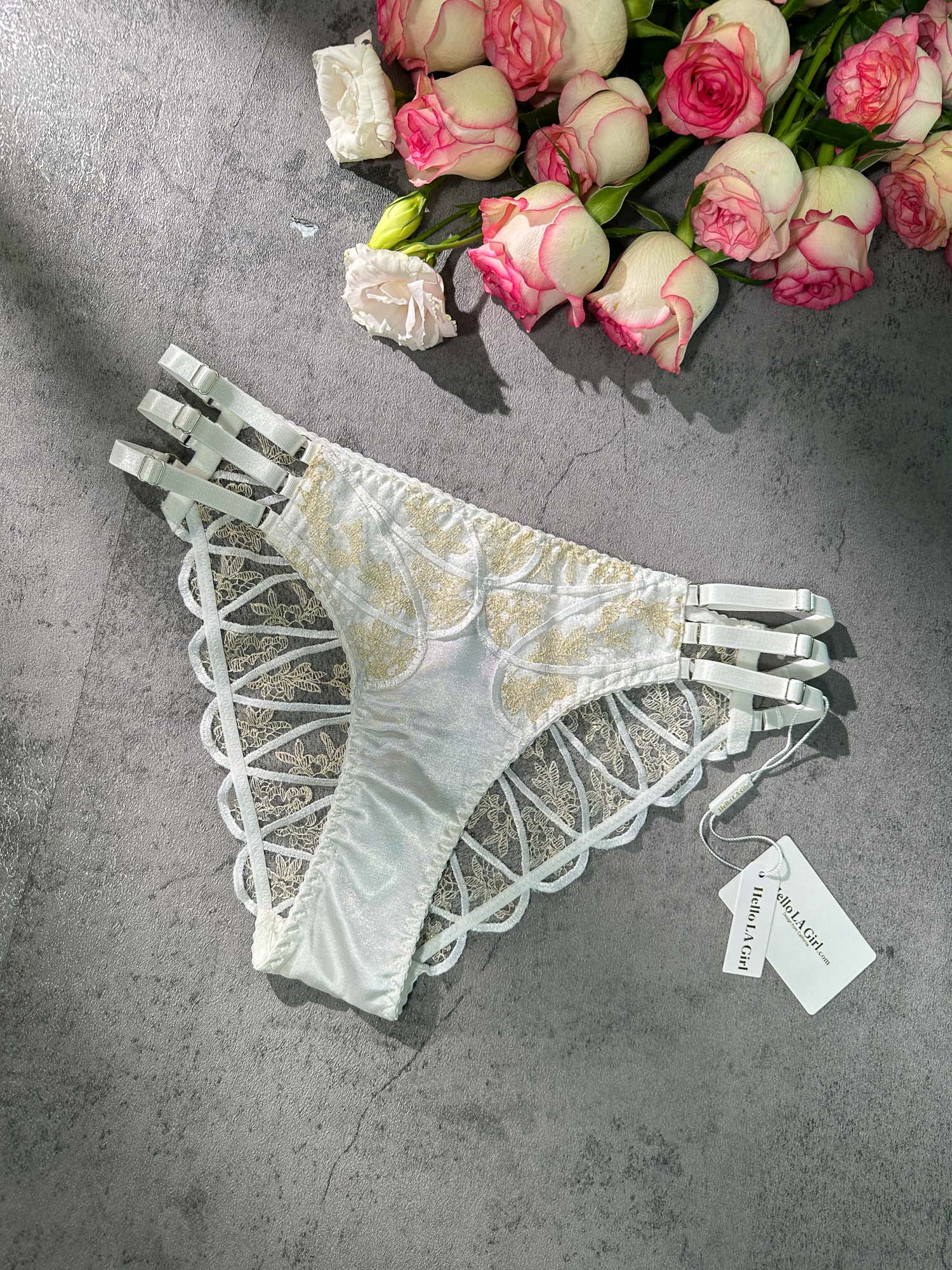 White&Gold  Embroidery Thong
