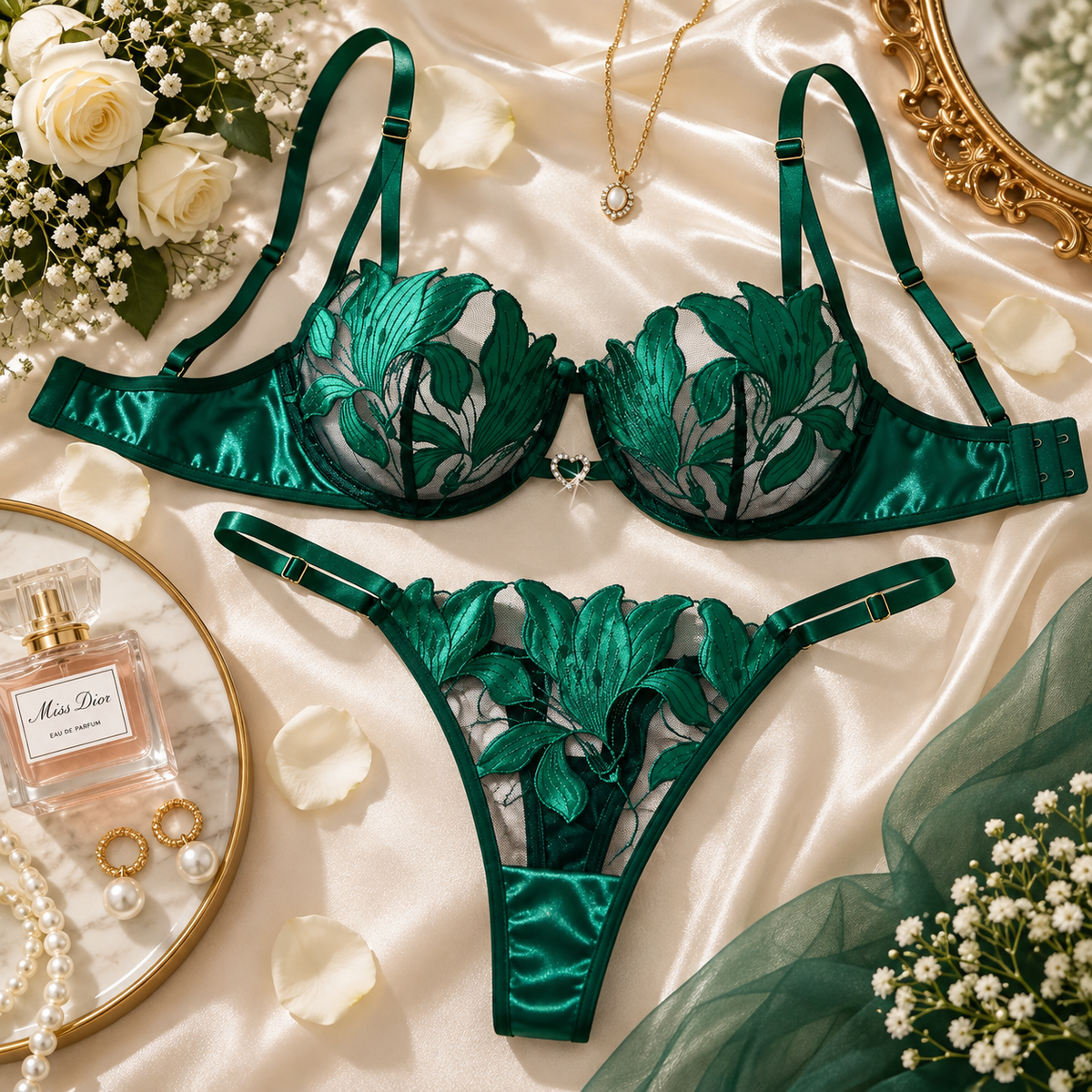 Emeraldia Emerald Green Floral Bra & Panty Set