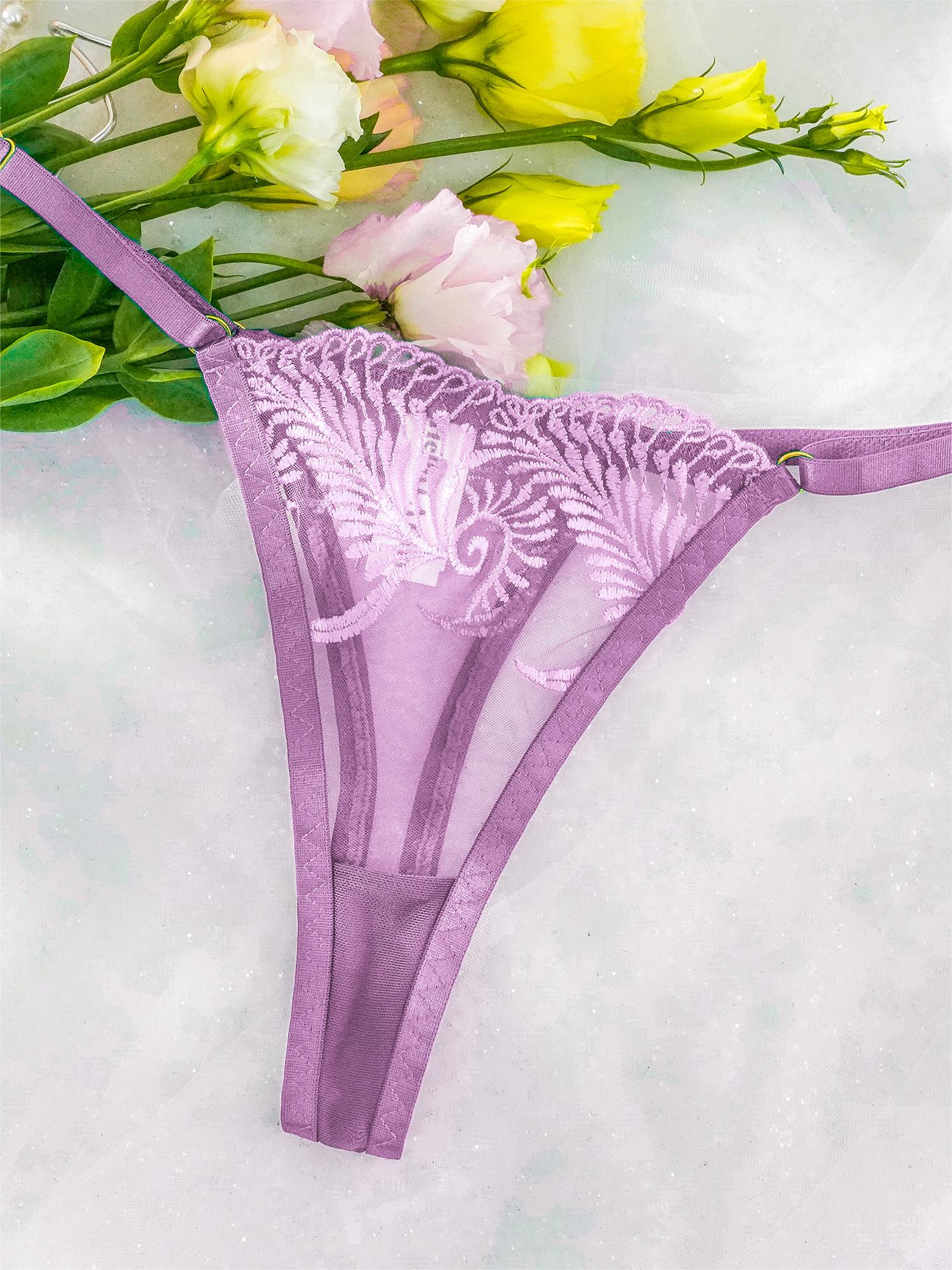 Purple Embroidery Adjustable Thong
