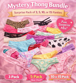 Promotional image of a mystery thong bundle with various designs on a pink background, featuring the brand 'Luv Livia'.