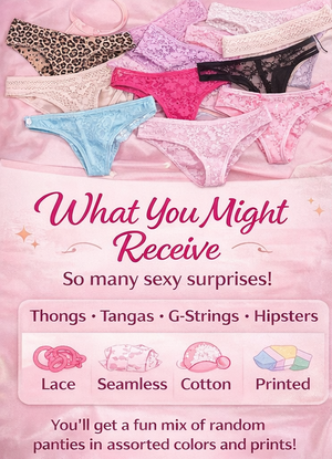 Collection of panties on a pink background with text about product variety. Mystery Thong Bundle – Random Assorted Sexy Panties