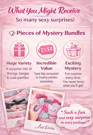 Promotional flyer for a lingerie mystery bundle with text and images of products. Mystery Thong Bundle – Random Assorted Sexy Panties