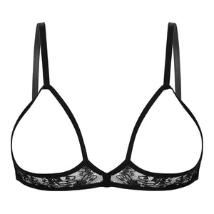 A black sheer lace cupless bra with hollow-out detail, featuring adjustable straps and a hook-and-eye closure at the back. Ooh La La Cupless Bra By Luv Livia