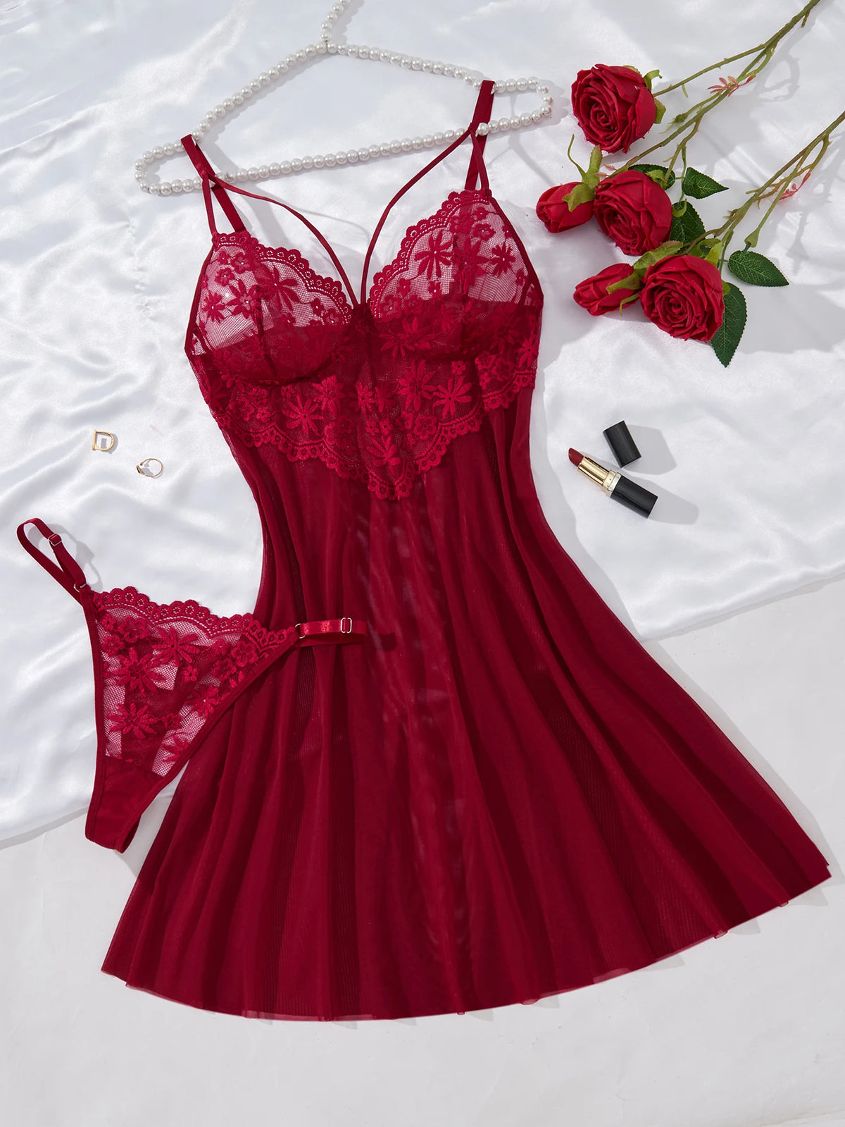 Camille Crimson Lace Babydoll & Panty Set