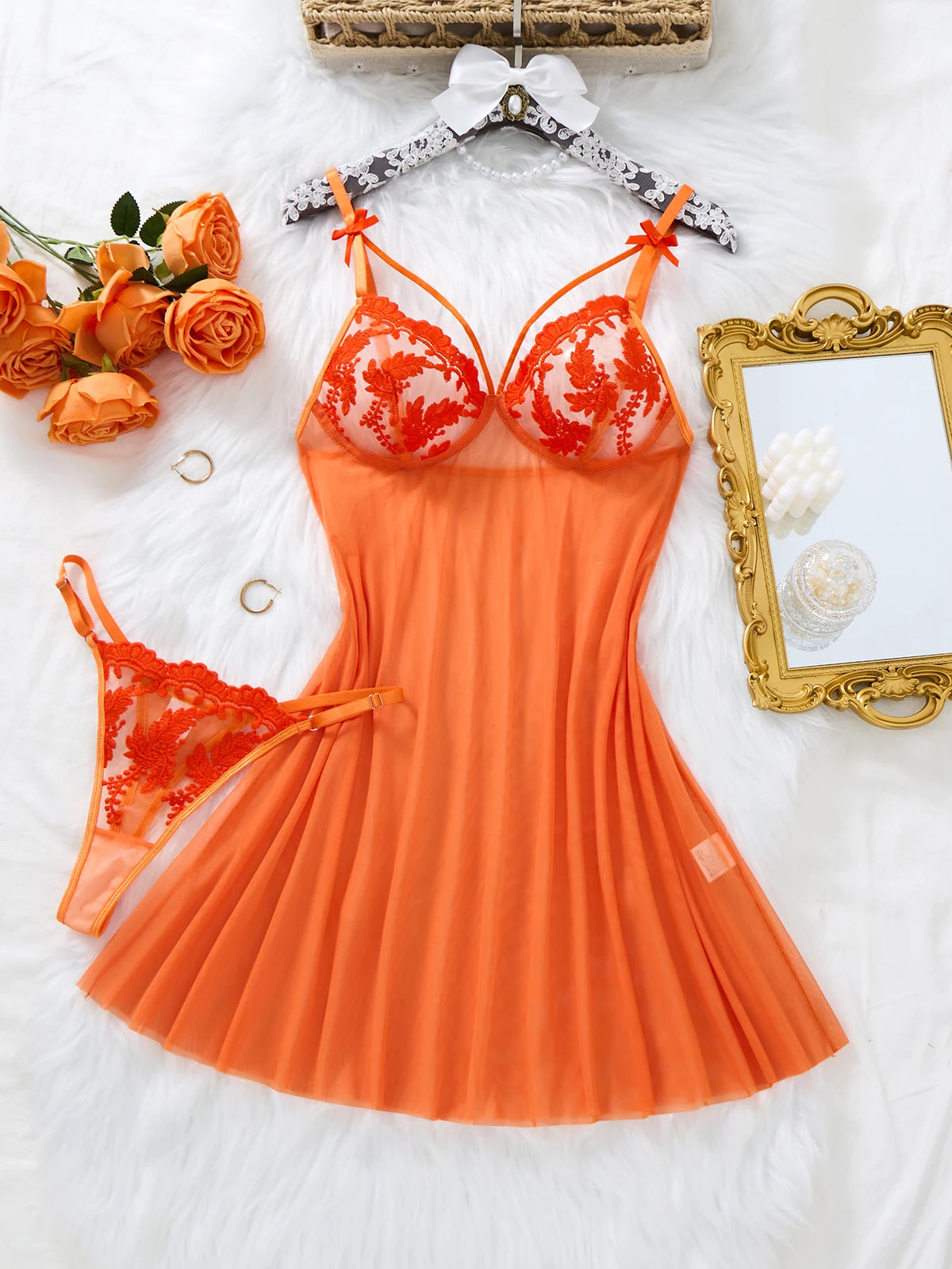 Aurevia Tangerine Lace Babydoll & Panty Set