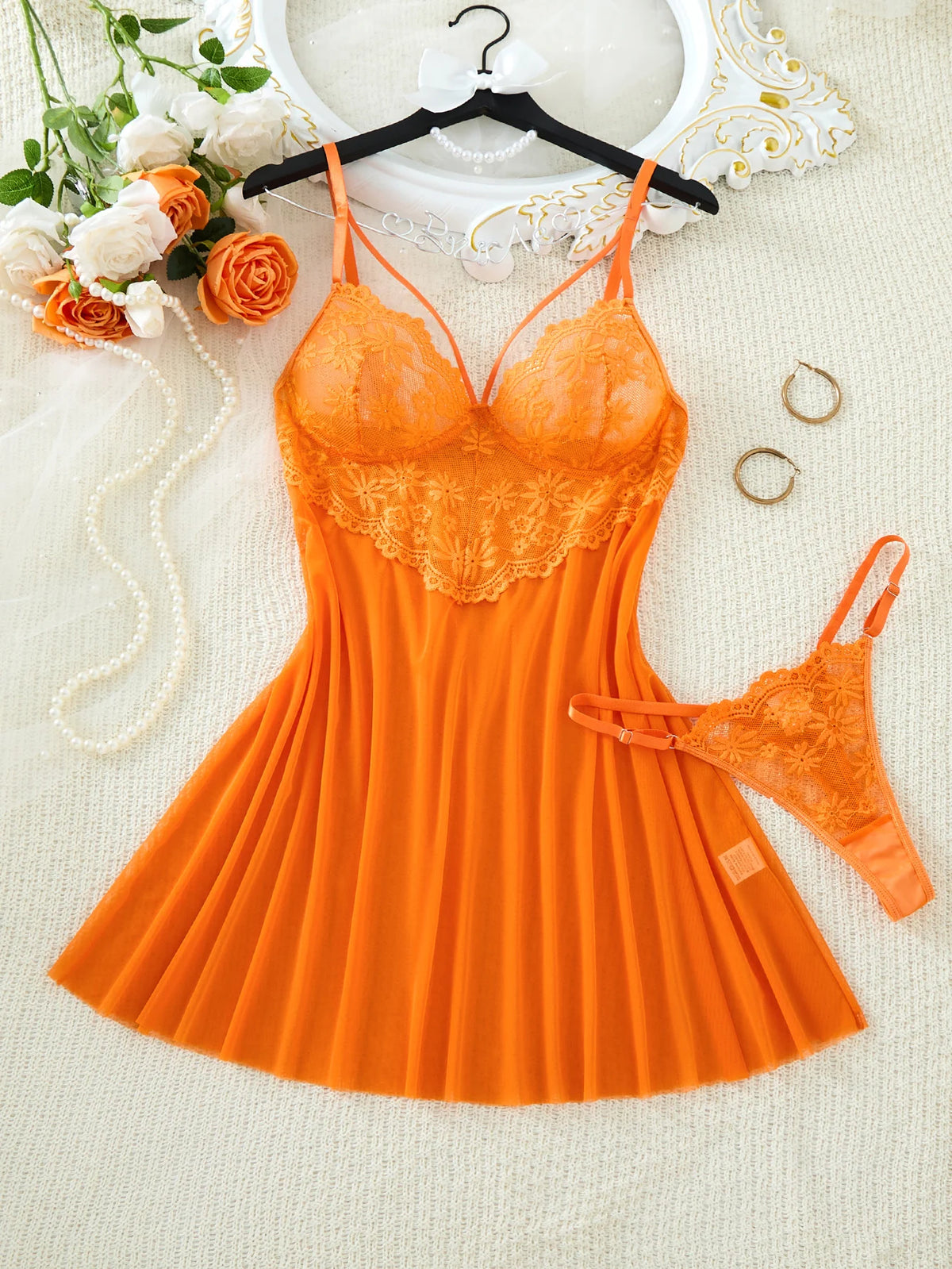 Calista Tangerine Lace Babydoll & Panty Set