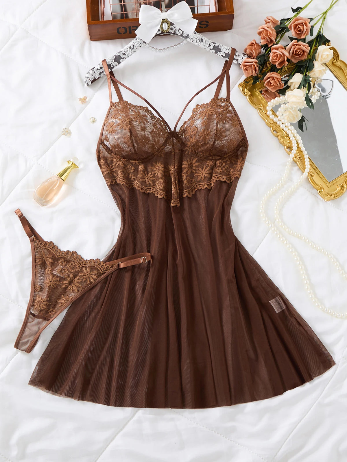Cocoa Chocolate Floral Lace Babydoll & Panty Set