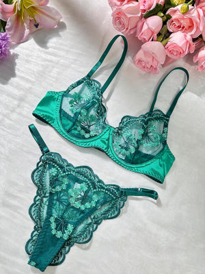 Vintage Turquoise Satin Embroidered Thong