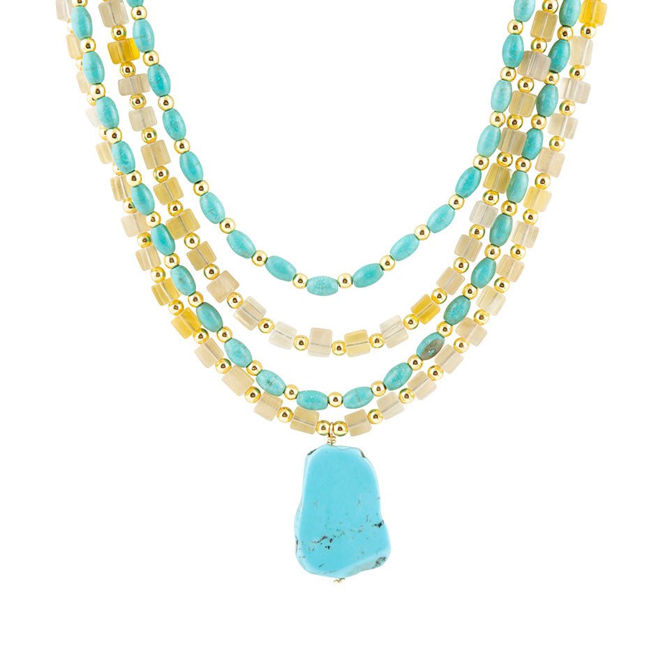 Blue Turquoise and Yellow Citrine Multi-Layer Golden Necklace