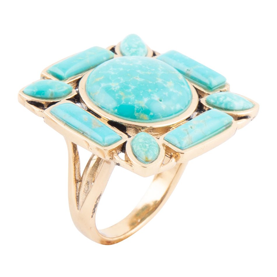 Deco Green Turquoise Golden Statement Ring