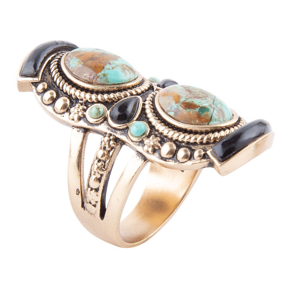 Double Up Blue Turquoise and Black Onyx Golden Ring