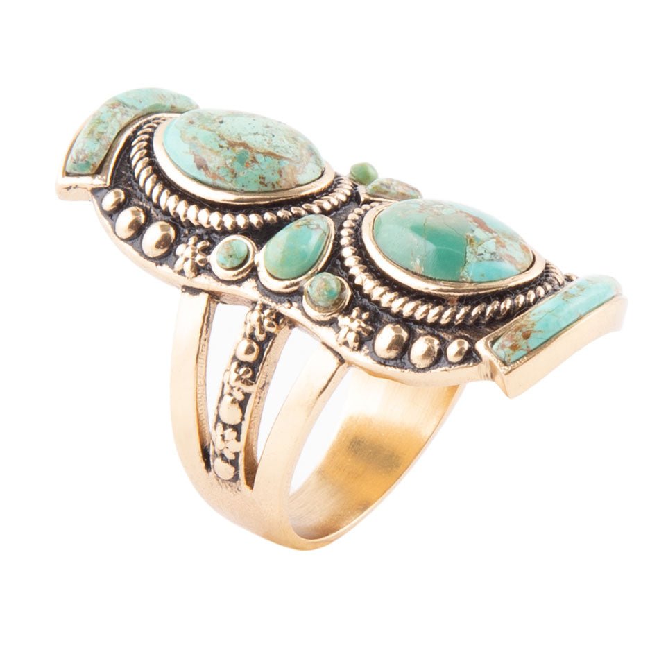 Double Blue Turquoise Golden Shield Ring