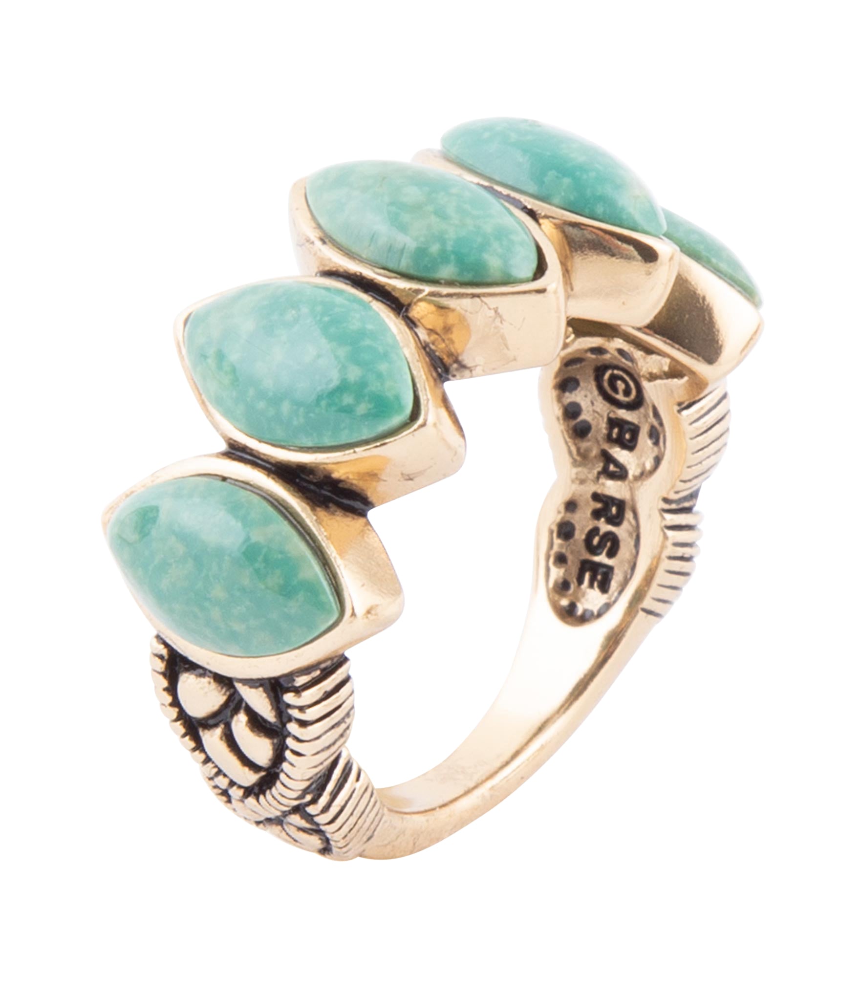 Five Stone Green Turquoise and Golden Bronze Ring