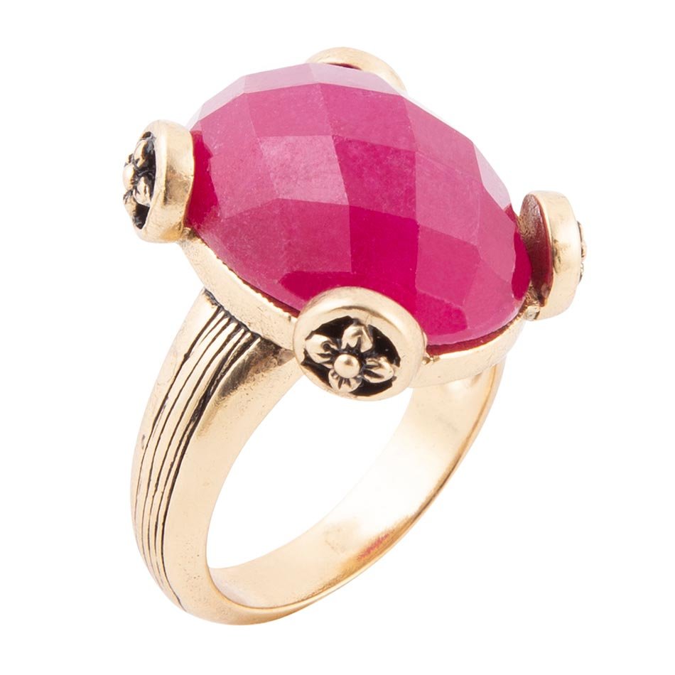 Faceted Red Raspberry Quartz Golden Statement Ring