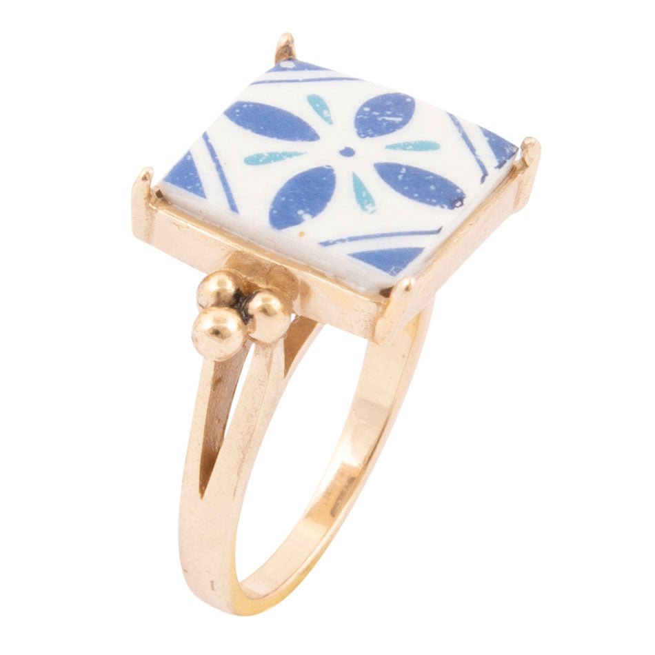 Santorini Blue and White Tile Golden Statement Ring
