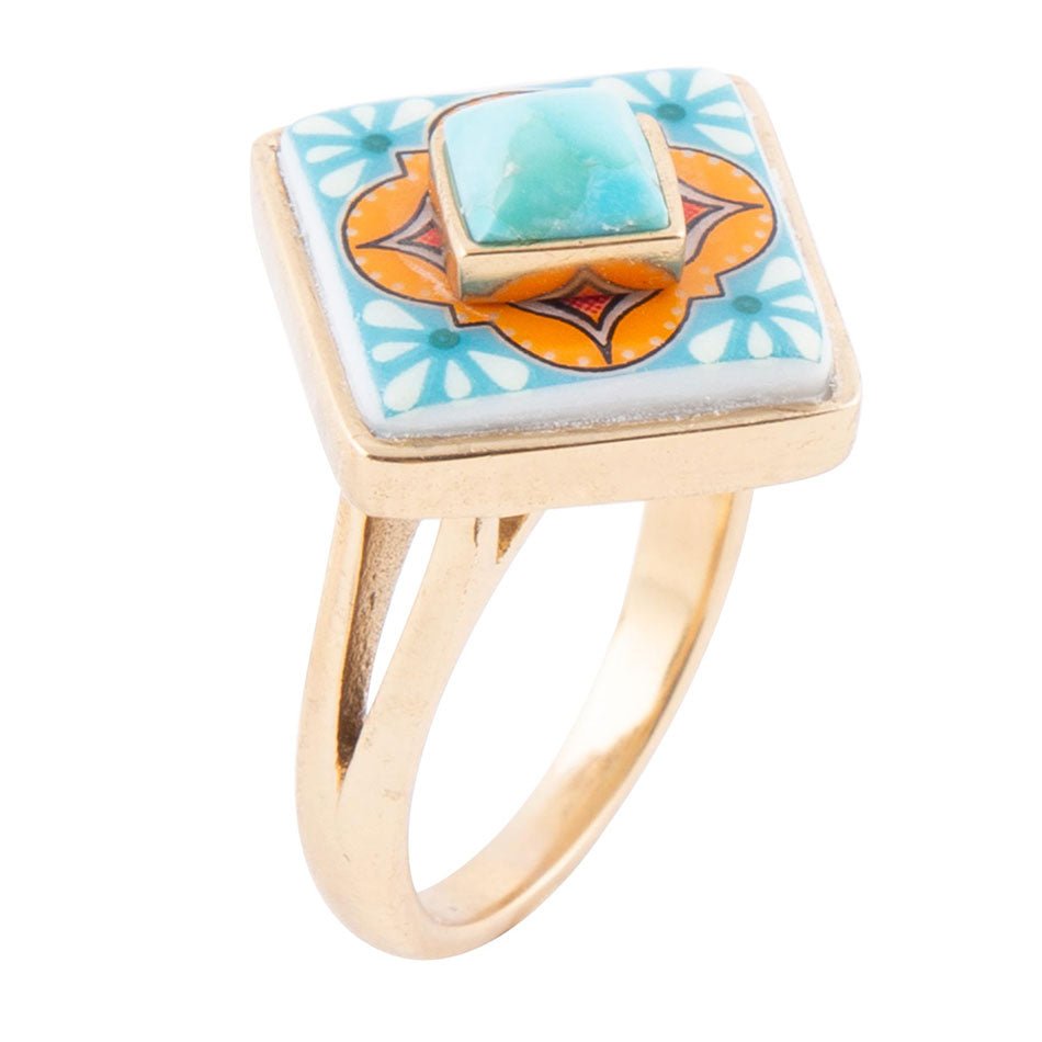 Talavera Tile Blue Turquoise Golden Ring