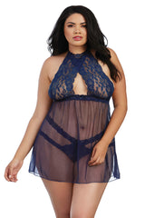 Plus Size Mesh and Lace Halter Babydoll
