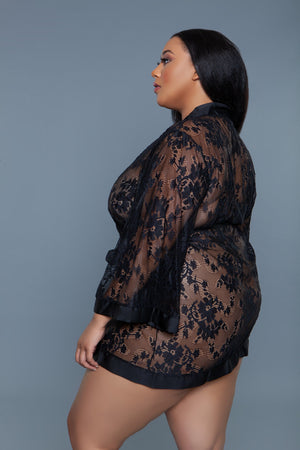 Delia Robe Floral Lace Robe with Satin Trimming