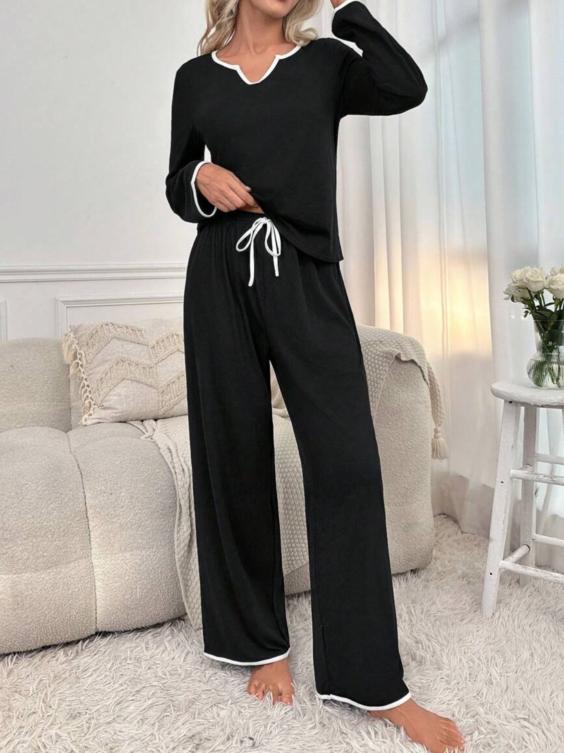 Elena Notched Long Sleeve Top and Pants Lounge Set