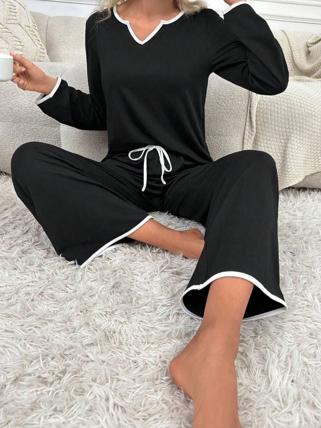 Elena Notched Long Sleeve Top and Pants Lounge Set