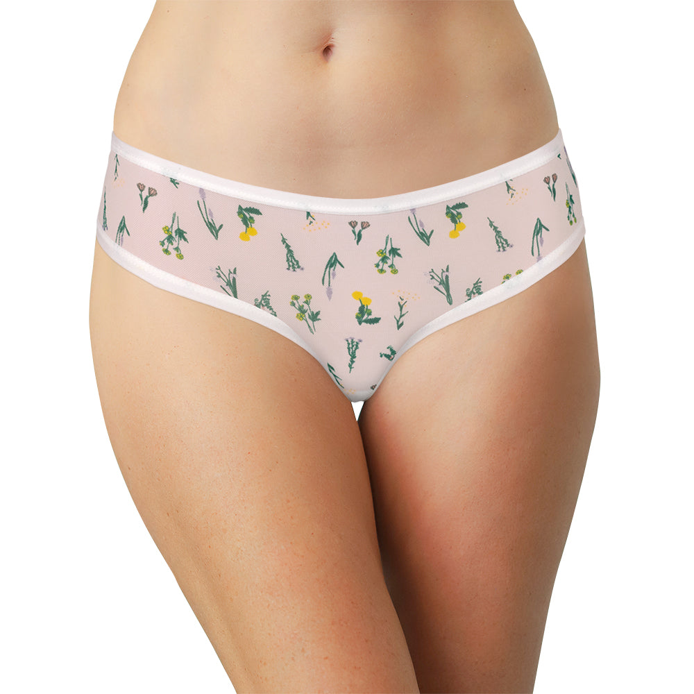 White Mesh Thong with Floral Print