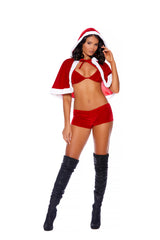 Santa's Naughty Helper - 3 Pc, Costume Includes Velvet String Bra Top, Booty Shorts And Matching Cape With Hood