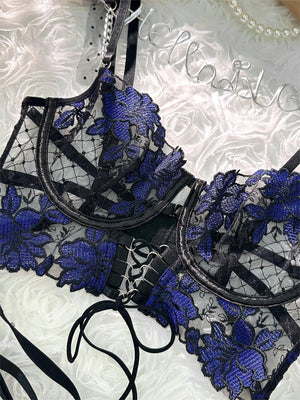 Black&blue Lace Tie Adjustable Sculpting Body Lingerie Set