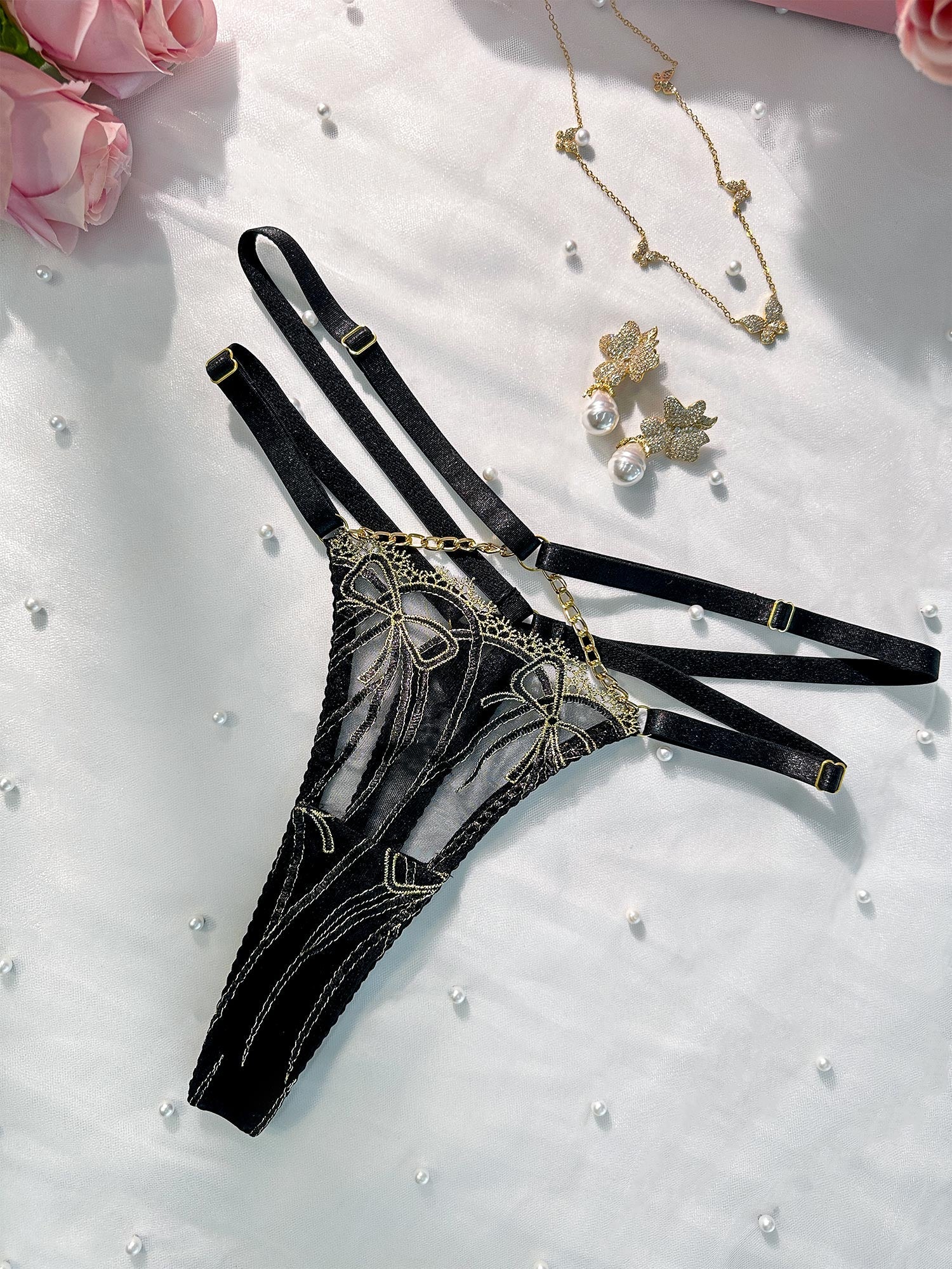 Black Gold-threaded Butterfly Bow Thong