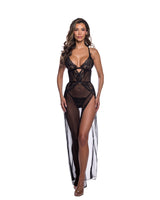 Sheer Desire Black Eyelash Lace Long Nightgown with Side Slit & Thong