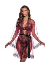 Ruby Beaded Floral Lace Kimono Robe with Satin Sash