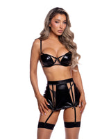 Dom Fatale 3-Piece Black Vinyl & Tulle Bra, Garter Skirt & Thong Set