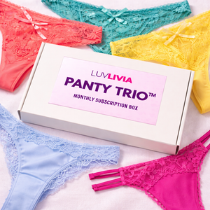 LUVLIVIA Panty Trio subscription box with colorful panties on a white background