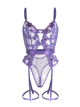Purple Solid Elegant Embroidered Lace Bodysuit