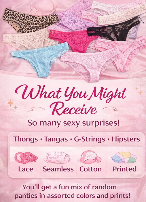 Collection of panties on a pink background with text about product variety. Mystery Thong Bundle – Random Assorted Sexy Panties