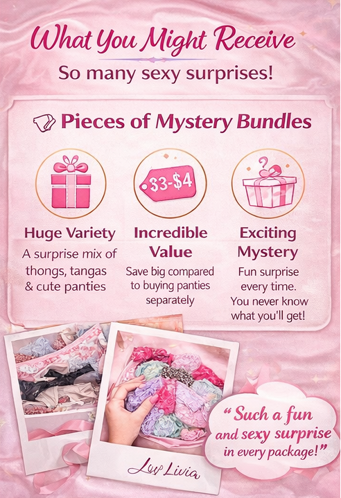 Promotional flyer for a lingerie mystery bundle with text and images of products. Mystery Thong Bundle – Random Assorted Sexy Panties