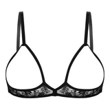 A black sheer lace cupless bra with hollow-out detail, featuring adjustable straps and a hook-and-eye closure at the back. Ooh La La Cupless Bra By Luv Livia
