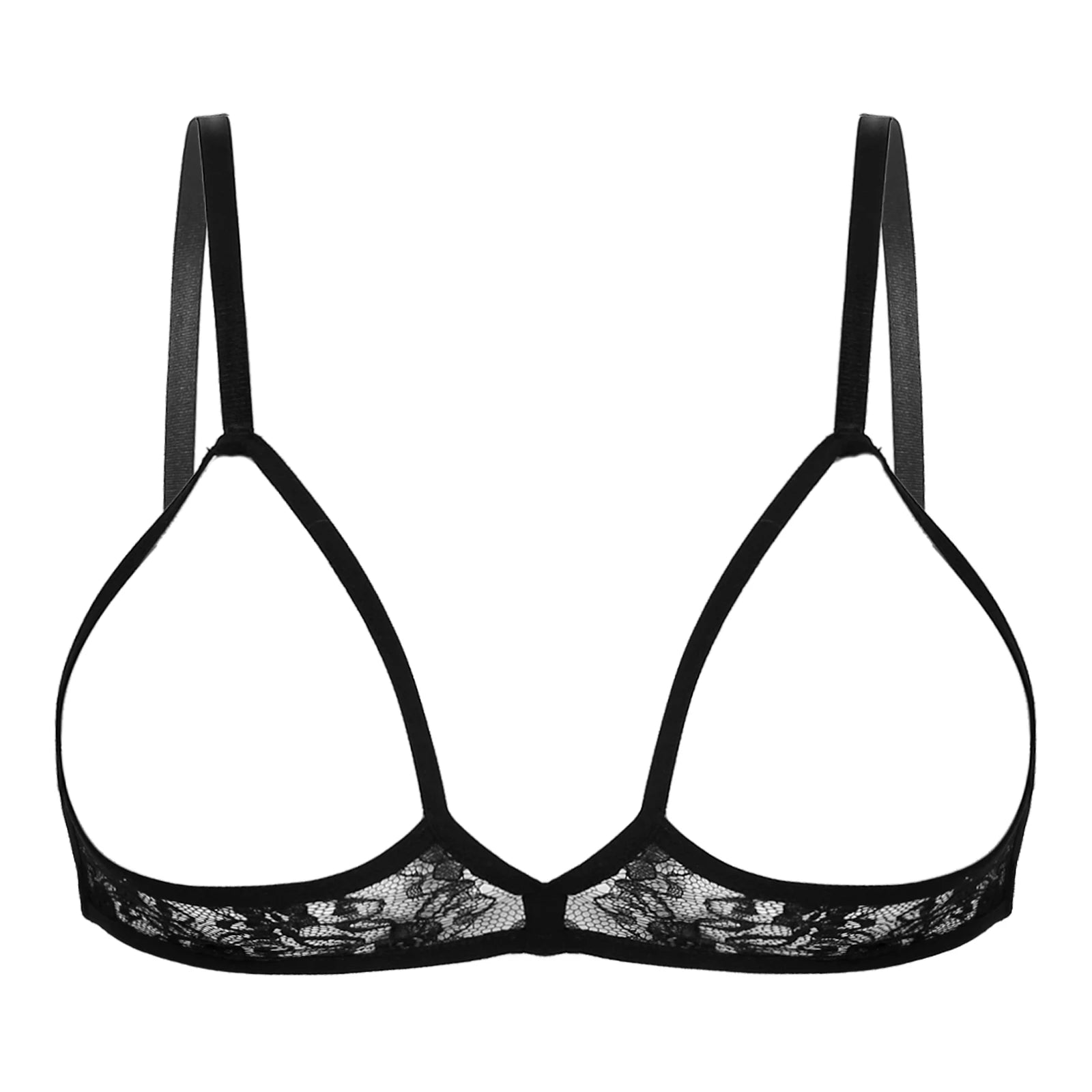 A black sheer lace cupless bra with hollow-out detail, featuring adjustable straps and a hook-and-eye closure at the back. Ooh La La Cupless Bra By Luv Livia