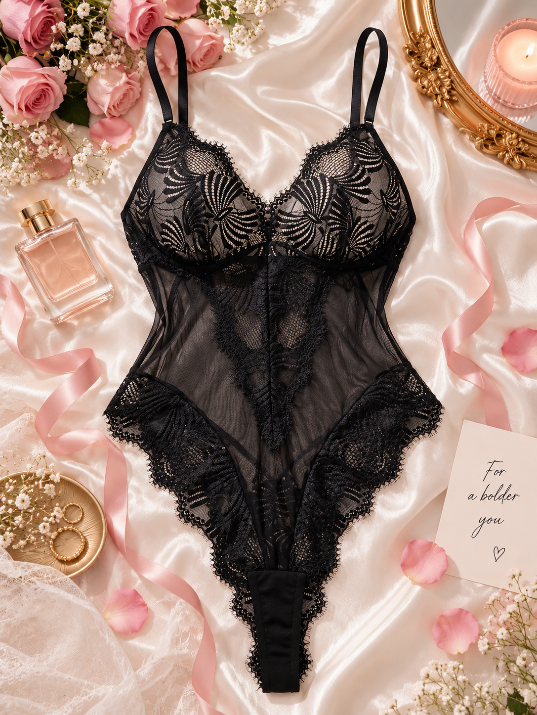 Velmira Black Sheer Lace Bodysuit