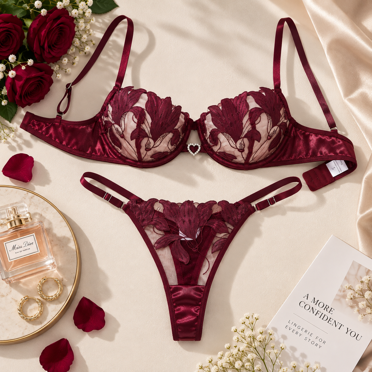 Vespera Burgundy Floral Bra & Panty Set
