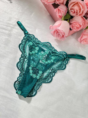 Vintage Turquoise Satin Embroidered Thong