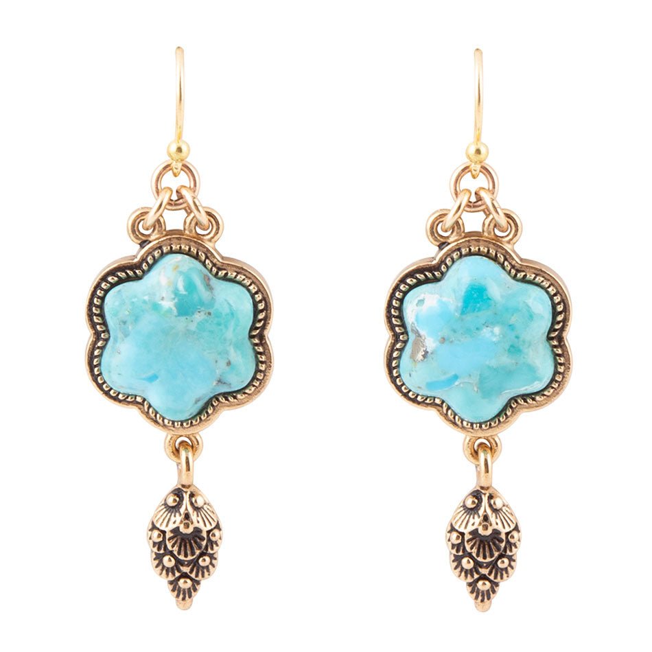 Blue Turquoise Flower Golden Drop Earrings