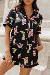 Printed Button Up Short Sleeve Top and Shorts Lounge Set
