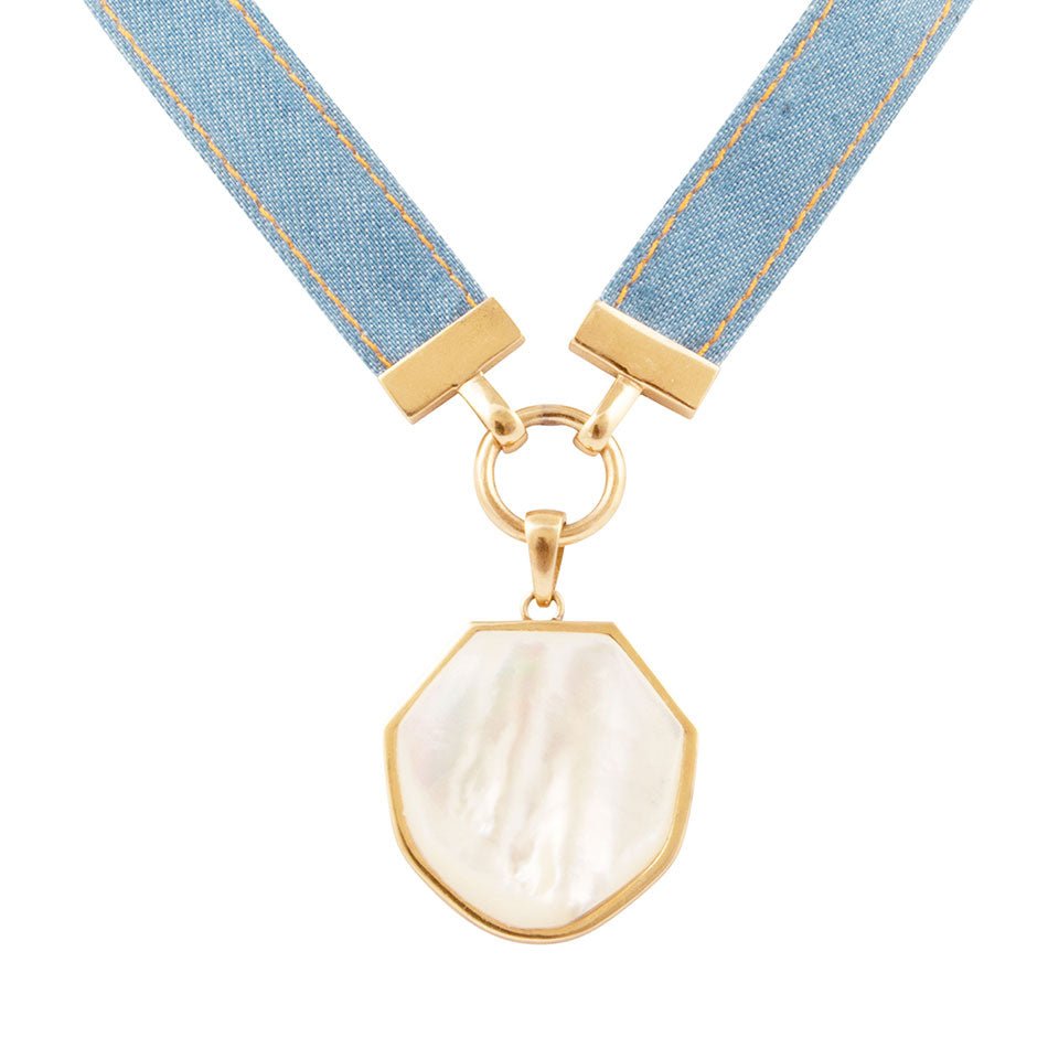 Blue Denim Dreams White Mother of Pearl Ribbon Necklace