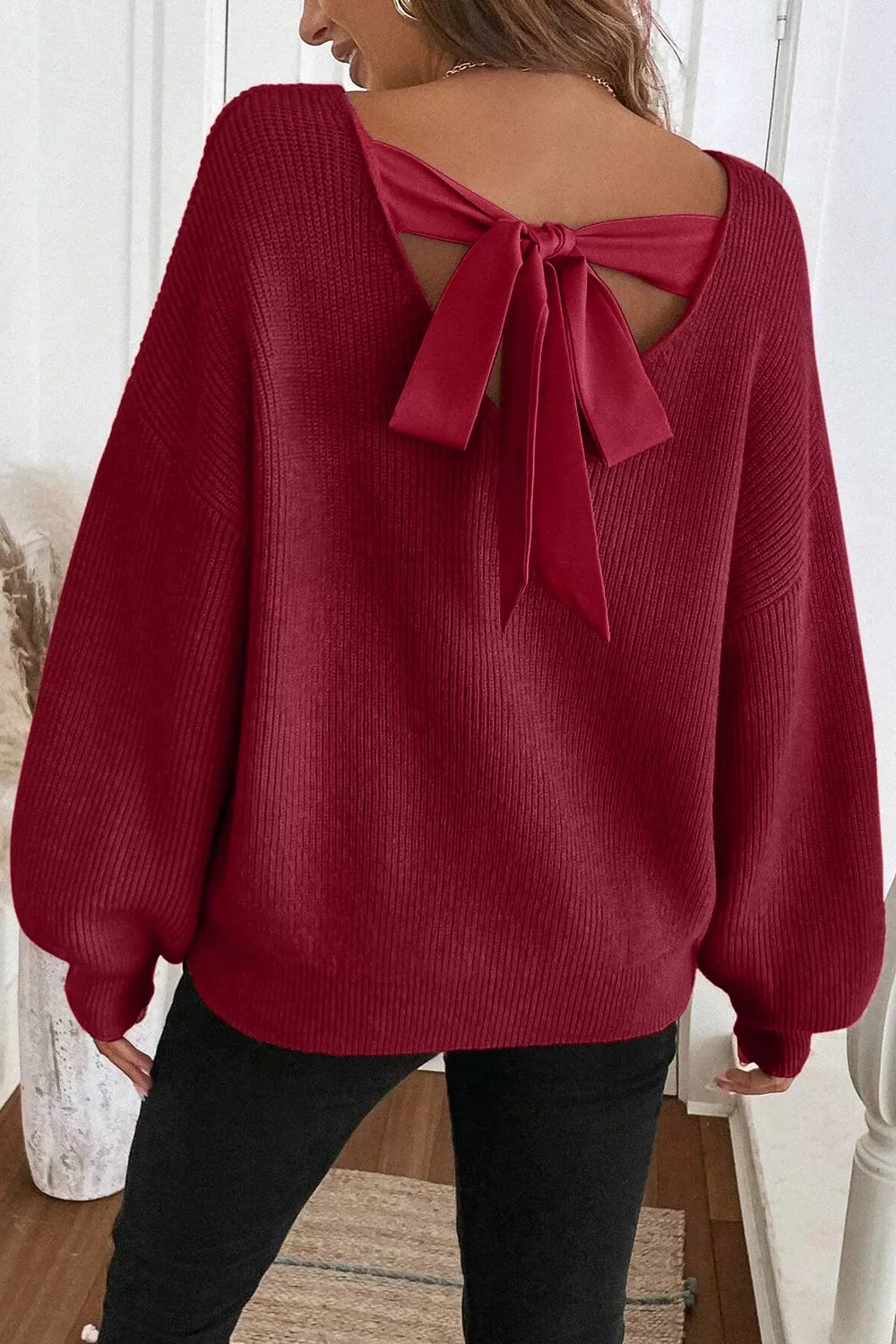 Ribbed Knit Ribbon Knot Backless Drop Shoulder Sweater – Luv Livia